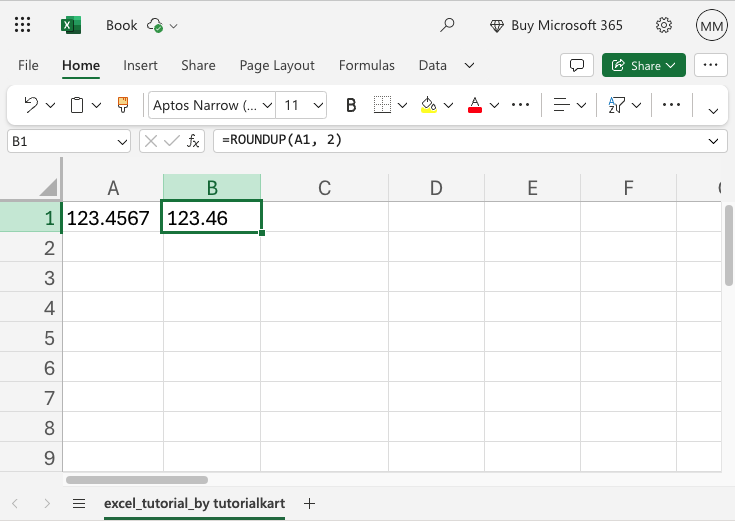 Using the ROUNDUP Function to round up to two decimal places
